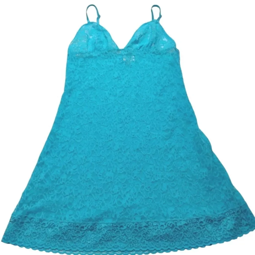 Victoria's Secret Lace Stretchy Mesh Aqua Teal Ocean Blue Slip Dress Small